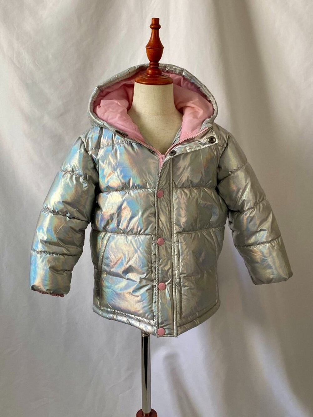 Cotton On Australia Kids Size 3-4 Holographic Silver Puffer Jacket Pink Lined